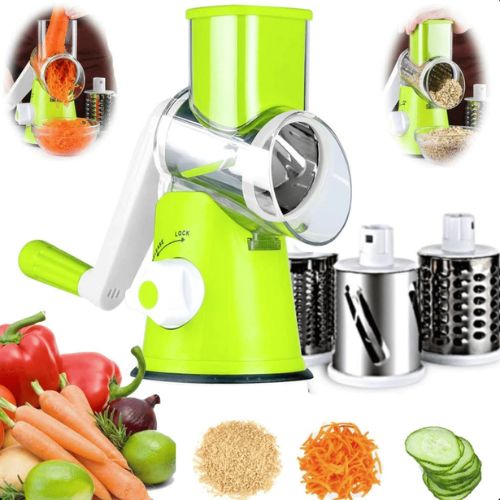 Manual potato and vegetable slicer with interchangeable blades for convenient everyday meal preparation.