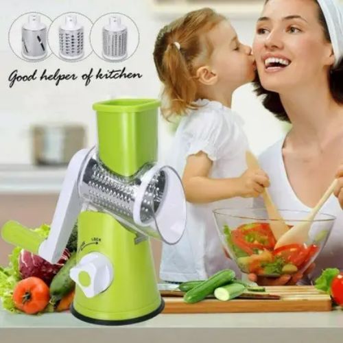 Manual rotary cheese grater with sharp stainless steel blades for grating cheese and other ingredients.
