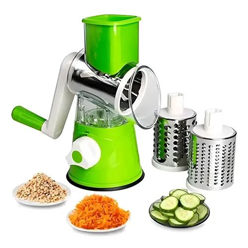 Multi-blade kitchen vegetable cutter for preparing potatoes, carrots, onions, cabbage, and other foods.