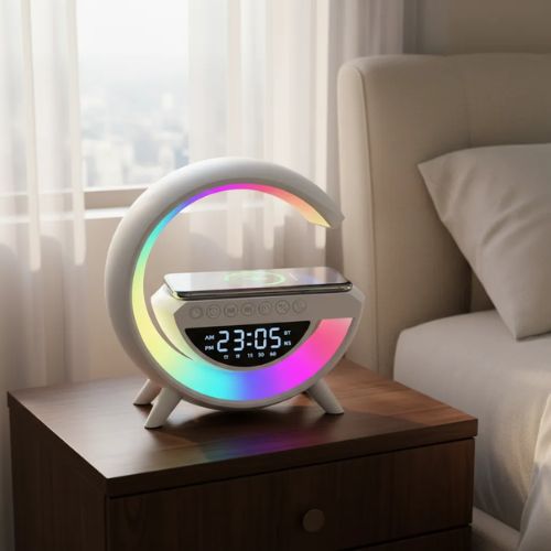 Multifunctional Bluetooth nightstand lamp with wireless charging, alarm clock, speaker, and adjustable light.