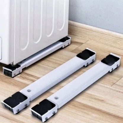Appliance base with adjustable width and built-in wheels