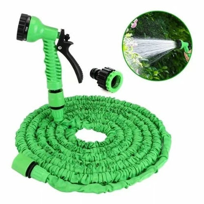 Outdoor cleaning expandable hose for patios, decks, driveways, vehicles, and other household surfaces.