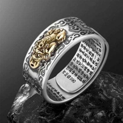 Pixiu ring featuring the Om Mani Padme Hum mantra