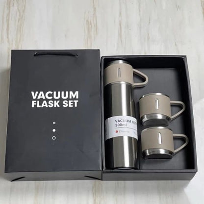 Portable coffee thermos made from stainless steel with three cups for commuting, camping, and road trips.