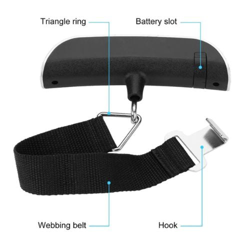 Portable digital luggage scale with a compact design for checking suitcase weight before traveling.