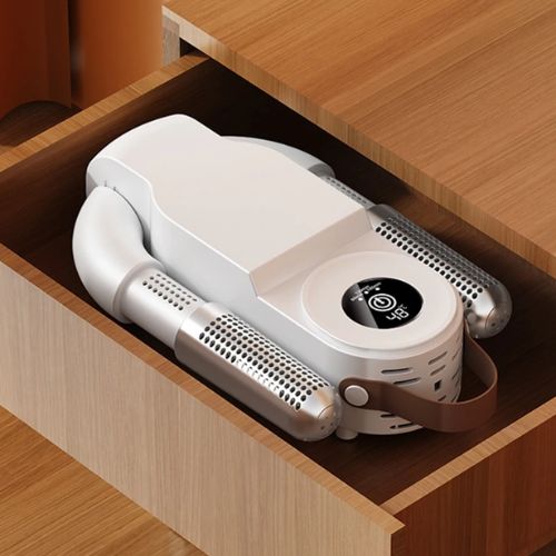 Portable electric shoe dryer with low energy consumption and a space-saving foldable design.
