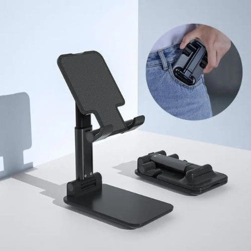Portable foldable device stand for smartphones and tablets with a compact design for easy storage and travel.