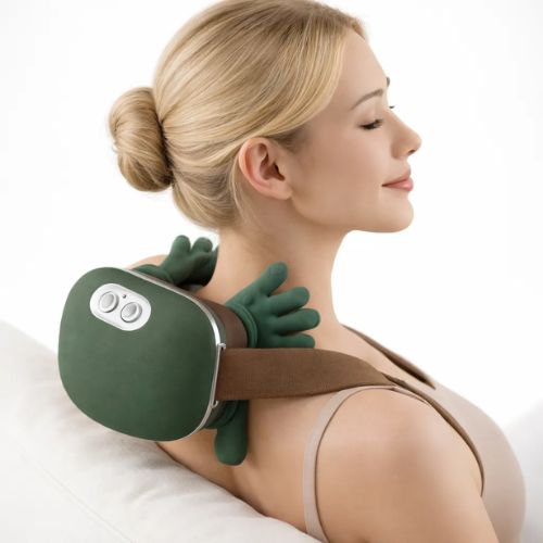 Portable neck and upper back massager with rechargeable battery and comfortable wearable fit.