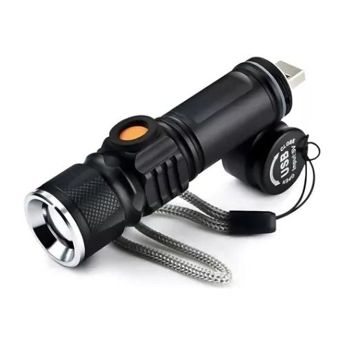 Portable rechargeable flashlight designed for home use, travel, camping, and outdoor activities.