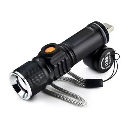 Portable rechargeable flashlight designed for home use, travel, camping, and outdoor activities.