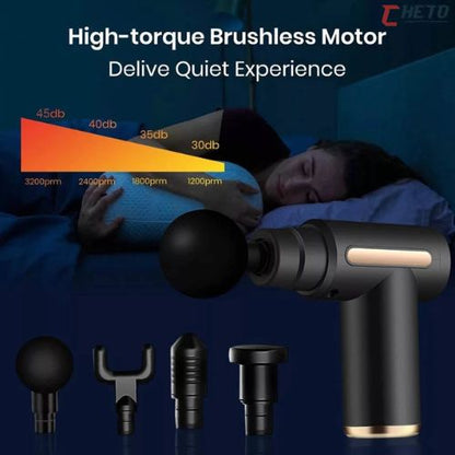 Cordless muscle massager with interchangeable attachments and multiple speed settings for personalized use.