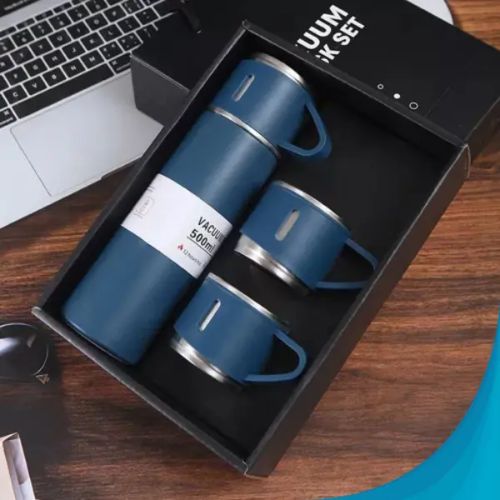 Premium stainless steel travel flask with three cups for convenient hydration wherever you go.
