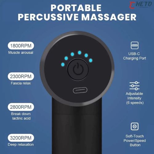 Professional-style percussion massager with interchangeable massage heads for different muscle areas.