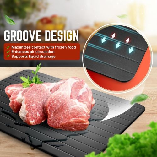 Quick defrost tray with high thermal conductivity for faster thawing of frozen meat, seafood, and vegetables.