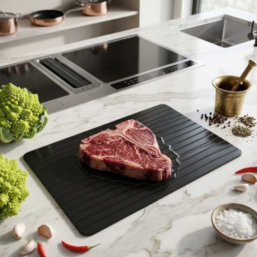 Rapid thawing board for safely defrosting frozen foods using natural heat conduction.