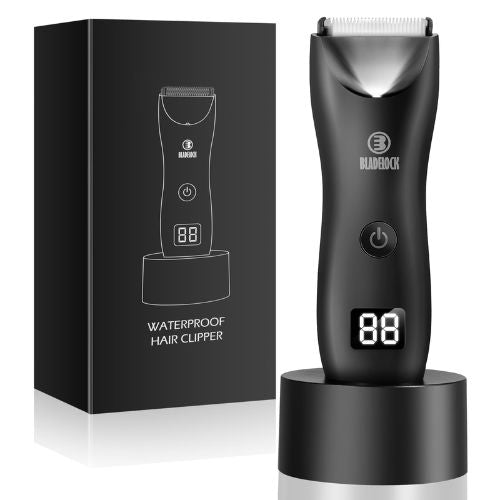 Men's body hair grooming trimmer for maintaining body hair with convenient cordless operation.