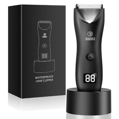 Men's body hair grooming trimmer for maintaining body hair with convenient cordless operation.