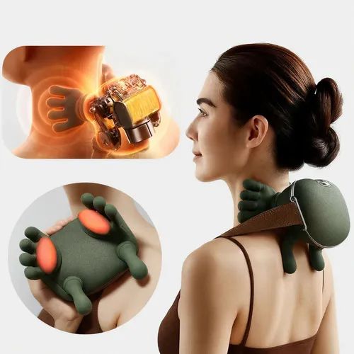 Rechargeable neck and shoulder massager with deep kneading massage and soothing heat function.