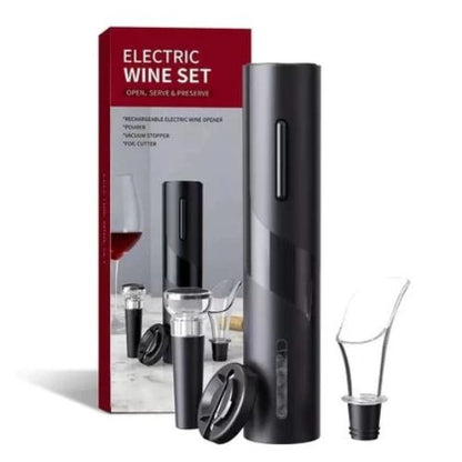 Rechargeable wine opener accessories set including an electric corkscrew, foil cutter, pourer, and stopper.