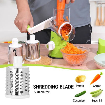 Rotary food slicer with three stainless steel blades and a hand crank for versatile food preparation.