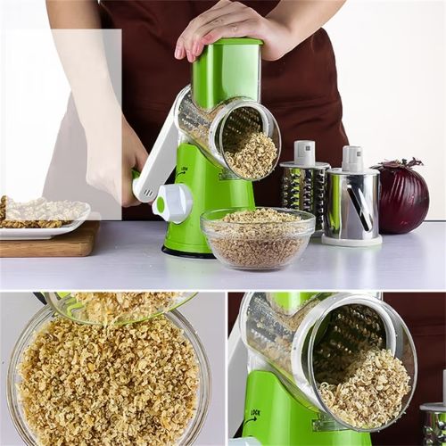 Rotary vegetable slicer with hand crank handle and interchangeable stainless steel cutting drums.