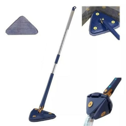 Rotating floor cleaning mop with a flexible triangular head for convenient cleaning around furniture.
