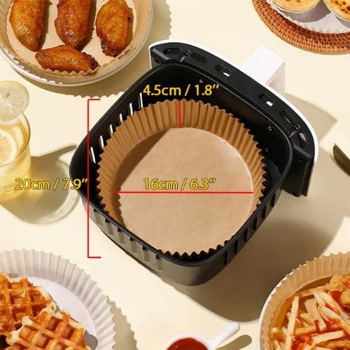 Round disposable air fryer liners designed to fit compatible air fryer baskets for convenient cooking.