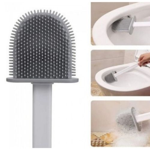 Silicone toilet cleaning brush with flexible bristles designed for reaching difficult areas around the toilet bowl.