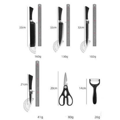 Stainless steel food preparation knives designed for cutting vegetables, fruits, meat, and other kitchen ingredients.