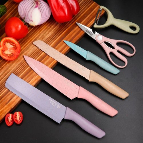 Stainless steel kitchen knife set with six versatile knives for slicing, chopping, and food preparation.