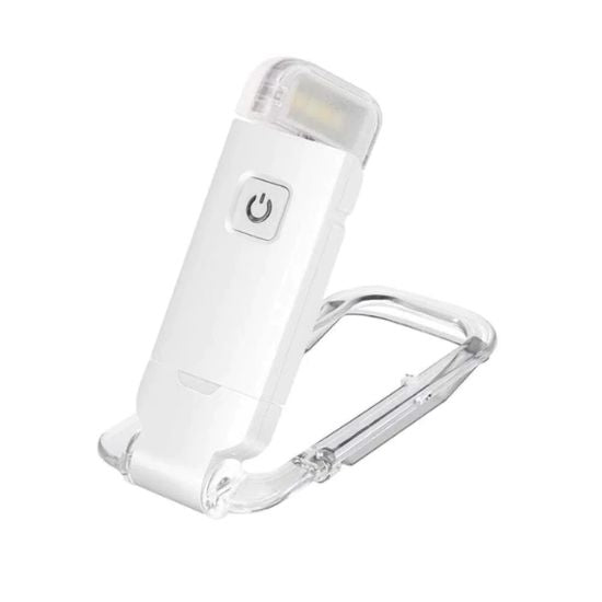 Close-up of the USB rechargeable book light and clip design