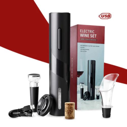 USB rechargeable wine opener and foil cutter set for quick and convenient wine bottle preparation.
