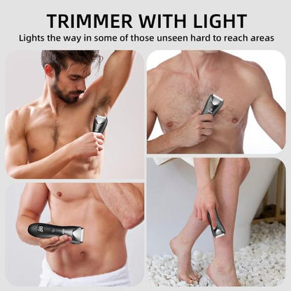 Waterproof body hair trimmer designed for comfortable grooming in wet or dry conditions.